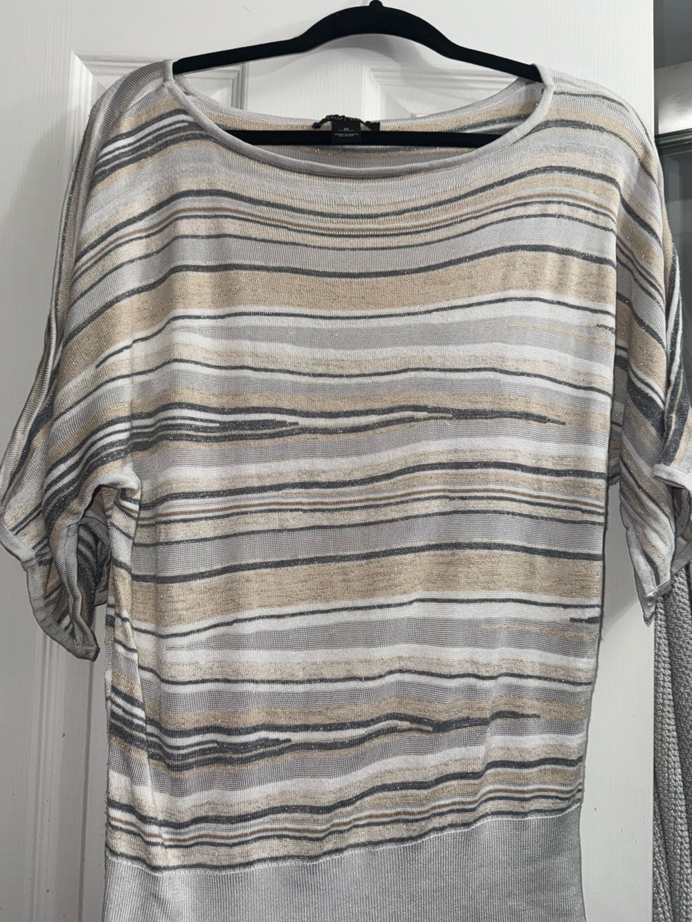 White House Black Market Beige, Gray and White Striped Short-Sleeve Tunic